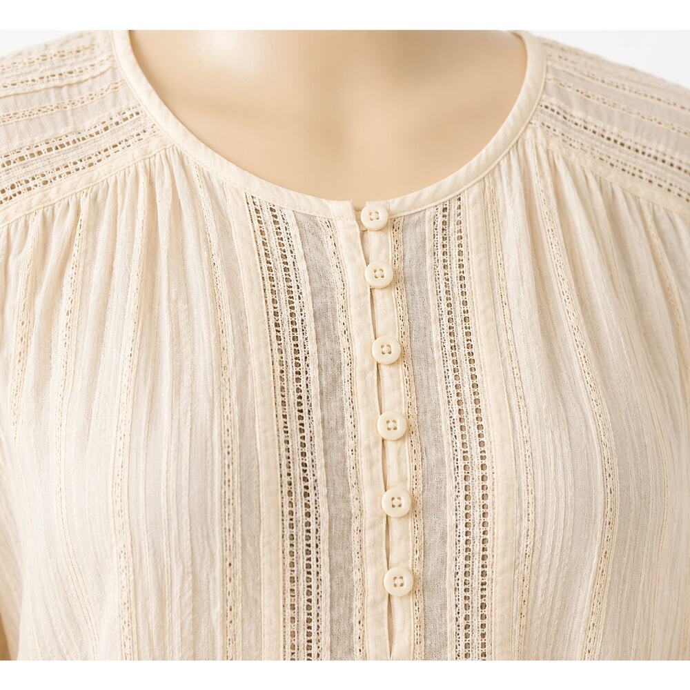 Lucky Brand Women’s L Beige Linen Blend Henley Blouse Crochet Embroidered Boho - Picture 5 of 6